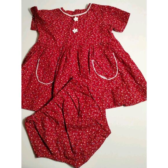 Handmade Dress - Red with Flowers Girl's or Doll with Pants 3-6 Months - Picture 1 of 8